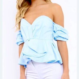 100% Cotton Off-Shoulder Corset Bustier Baby Blue Peplum Pleated Top Size S/M